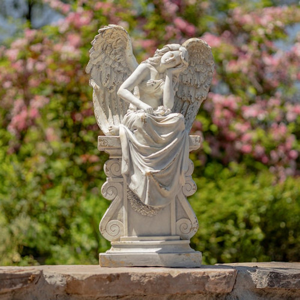 Angel sitting on Pillar Memorial Sculpture 30" H
